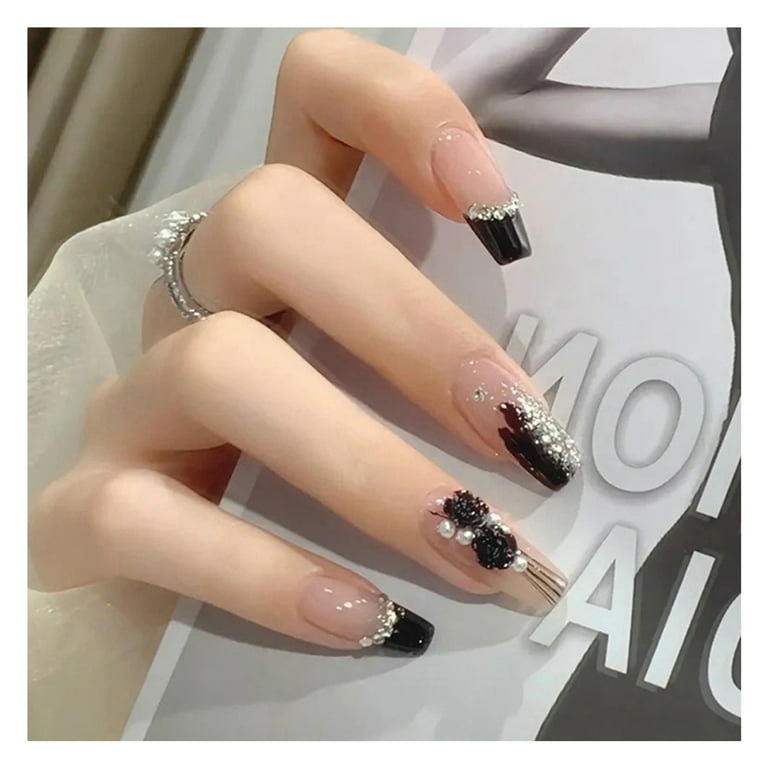24Pcs Black Camellia Pearl Rhinestone False Nails Durable False Artificial  Nails For Hand Decoration Nail Art 