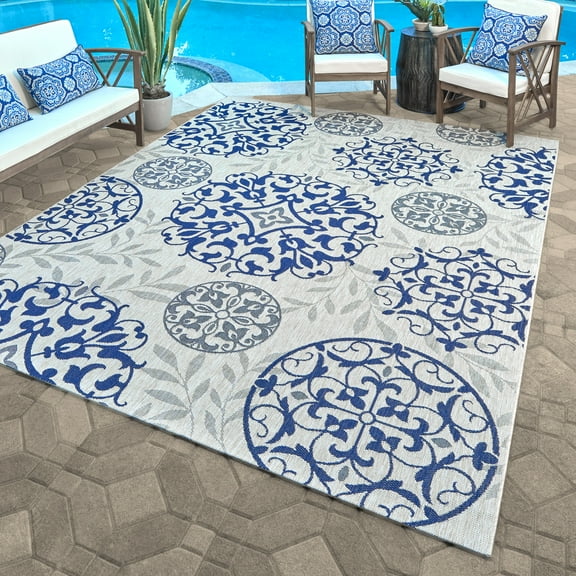 Gertmenian Paseo Emilia Transitional Damask Grain and Blue Outdoor Area Rug, 8x10