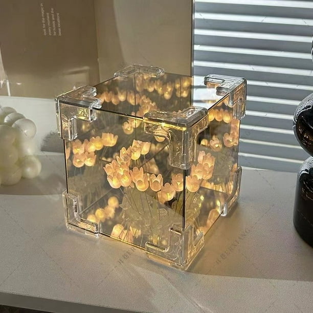 Espejo mágico estéreo hecho a mano con forma de tulipán y luz nocturna con forma de mar, regalo de cumpleaños para pareja y novia