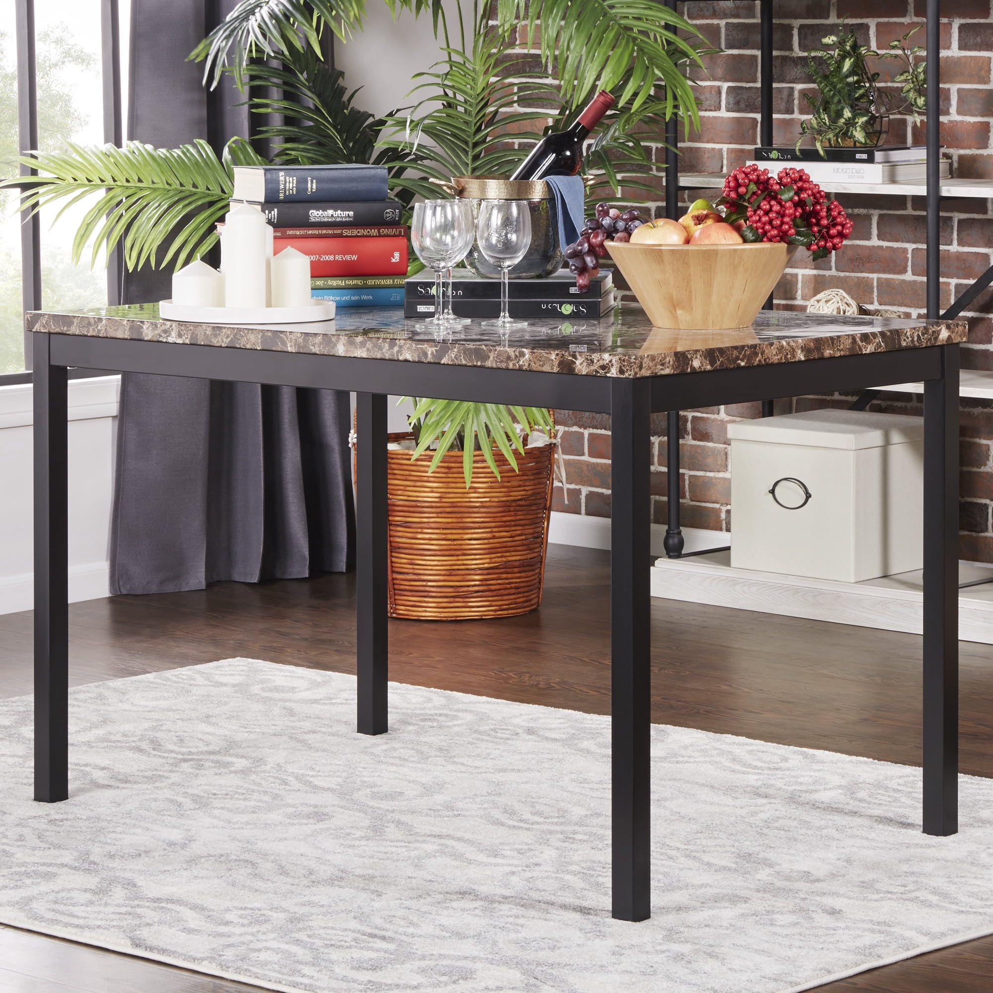 Weston Home Declan 48" Rectangle Faux Marble Top Dining Table with Black Finish
