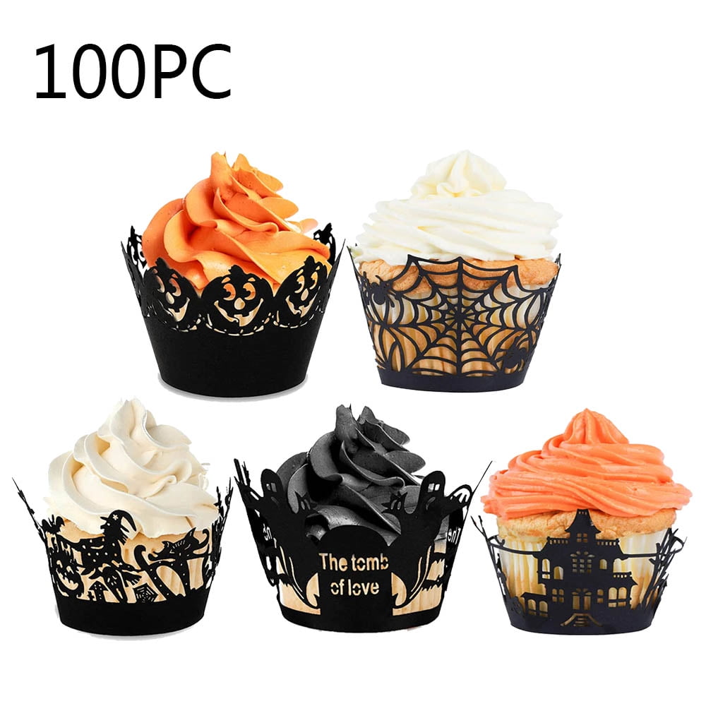 100 PCS Black Cupcake Liners Toppers Wrappers Halloween Cupcake Case