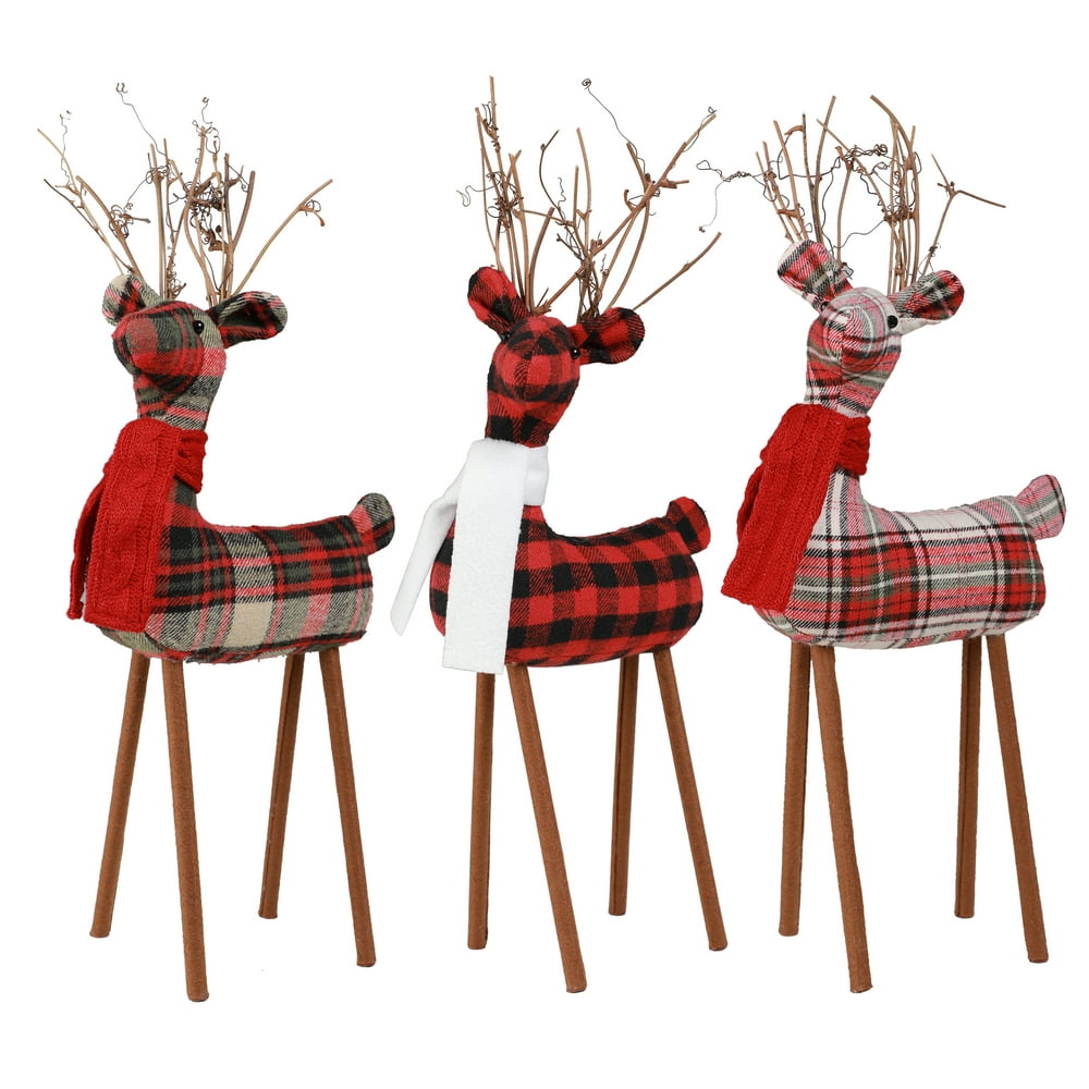 Holiday Time Christmas Multicolor Plaid Fabric Reindeer Tabletop