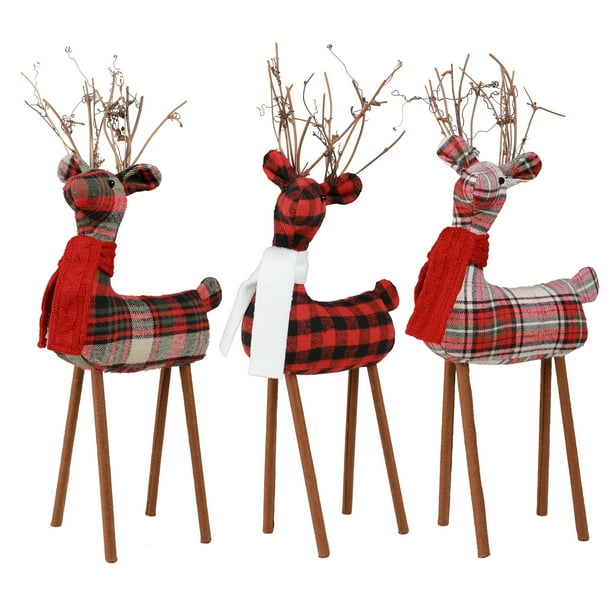 Holiday Time Christmas Multicolor Plaid Fabric Reindeer Tabletop