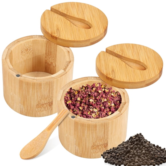 Vensio -Bamboo Salt and Pepper Box with Magnetic Swivel Lid and Spoon 2 Pack, Natural Wood Salt Cellar with 5oz Capacity for Kitchen Seasoning Storage, Reusable