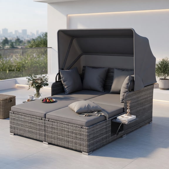 Resenkos Outdoor Rattan Daybed with Retractable Sun Canopy, Foldable Side Trays & Removable Cushions – Mix Gray PE Wicker Patio Lounger for Backyard, Poolside & Deck
