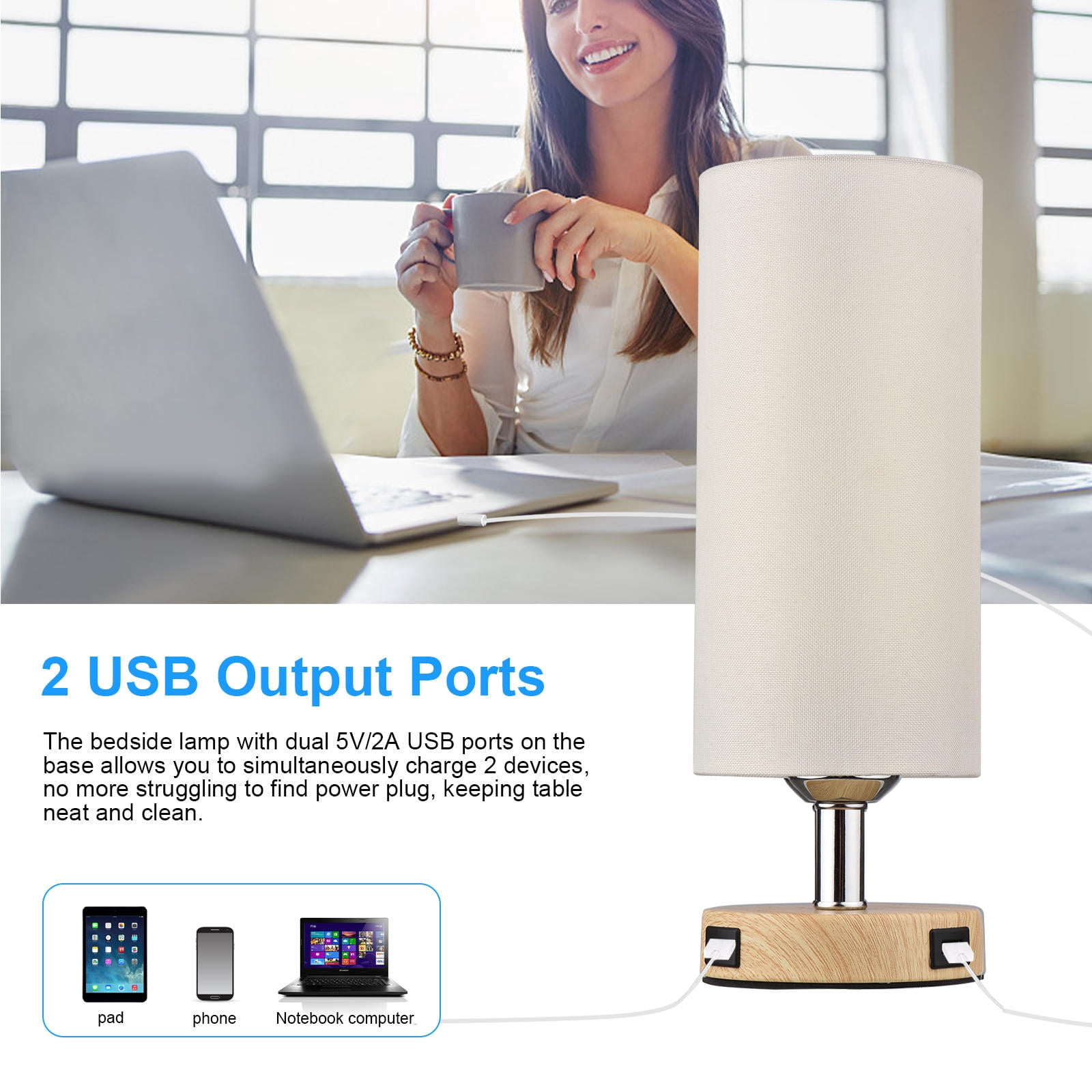 YAHHU Touch‑Control Table Lamp with 6W 2700K LED, Dual USB Ports, Fabric Shade – 3‑Level Brightness, Ideal for Bedside & Living Room
