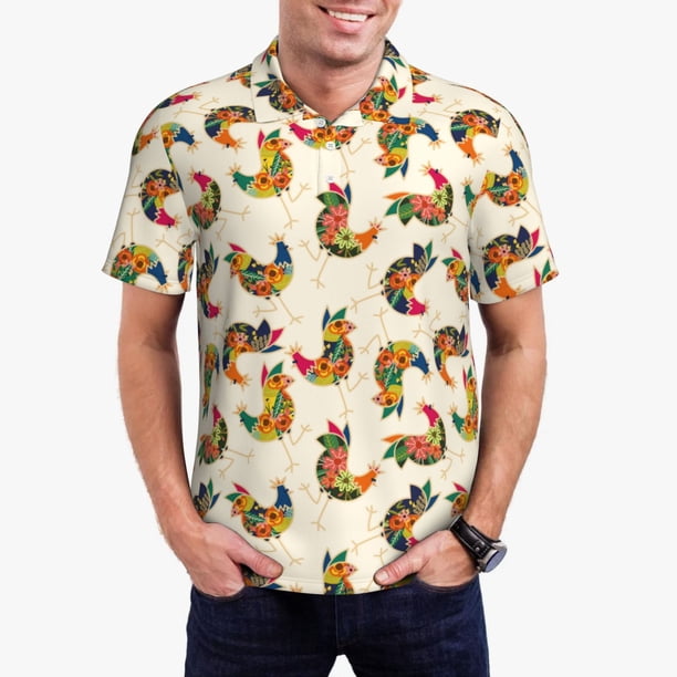 Fotbe Boho Chicken Camiseta Polo de Golf para Hombre con Estampado – Camisa Deportiva Transpirable con Cuello Abotonado-Large