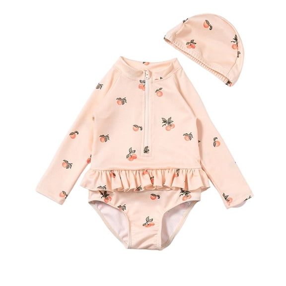 REDARER Girls Peach Print 2-Piece Rash Guard Set, Long Sleeve Ruffle Swimsuit with Swim Cap,2-3 Years