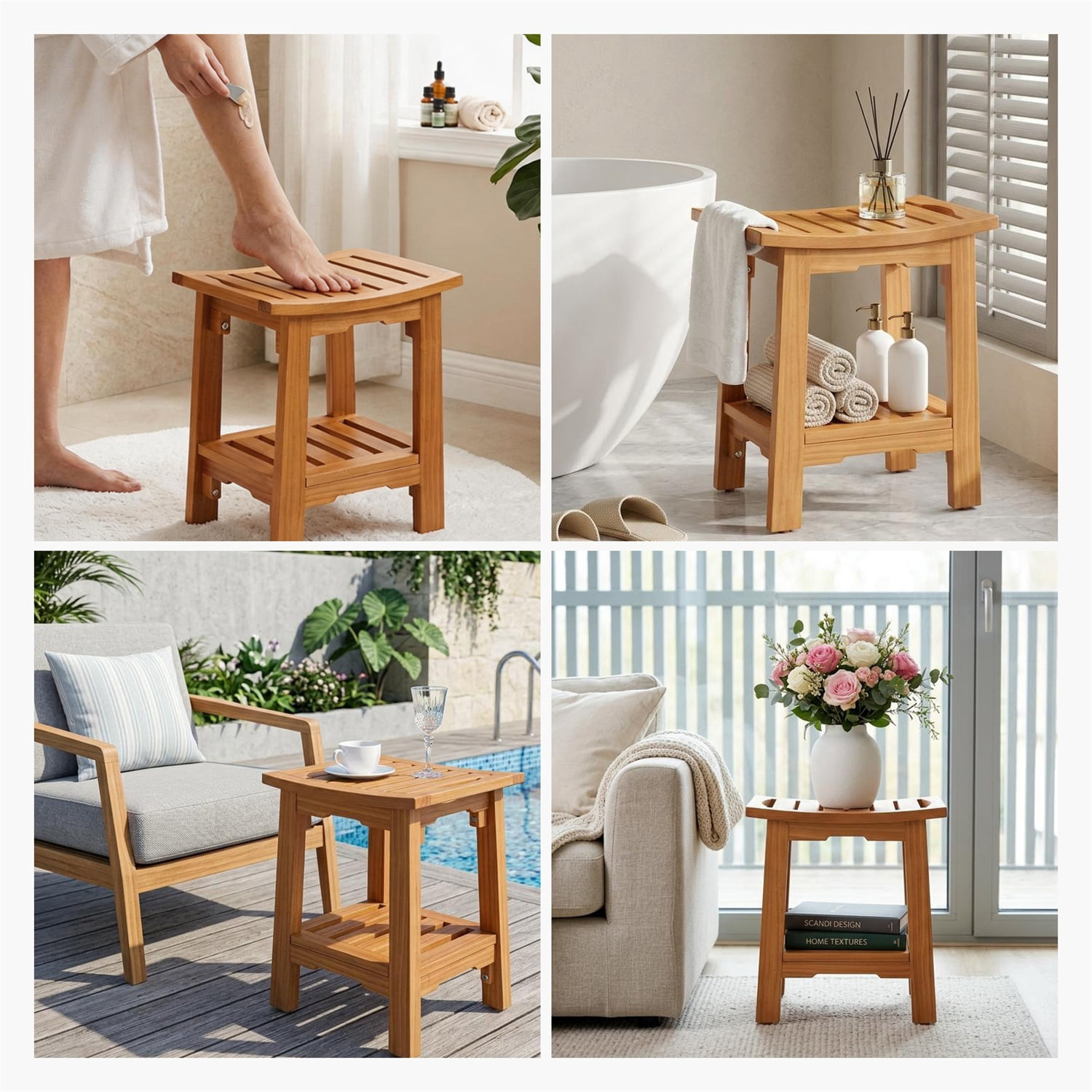 Hommoo 18-Inch Solid Wood Shower Stool for Bathroom, Waterproof, Anti-Slip, Space-Saving Vanity & Bath Seat, Walnut