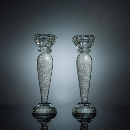 Premium 7 Crystal Candlestick (2-Piece Set) Medium, Radiant Gems Inside Stem | Contemporary Elegance And Style | Modern Kitchen, Dining, or Living Room Use