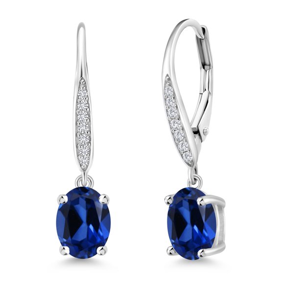 Gem Stone King 925 Sterling Silver Blue Created Sapphire and White Lab Grown Diamond Leverback Dangle Drop Earrings for Women (3.30 Cttw, Gemstone September Birthstone, Oval 8X6MM)