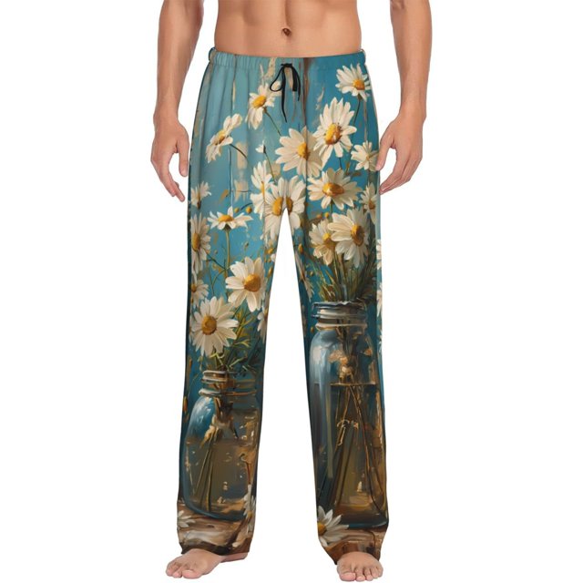 Balery Delicate White Daisy Jars Pantalones de pijama para hombre, pijama ultraligero, pantalón de descanso-Medium