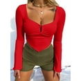 thumbnail image 2 of Roaso Women's Long Sleeve Crop Top Ruched Front Square Neck Asymmetrical Hem Tops, 2 of 4