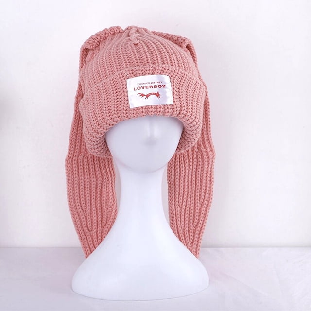 Gorro de ganchillo con orejas de conejo para mujer, gorro de punto largo, gorros cálidos de invierno