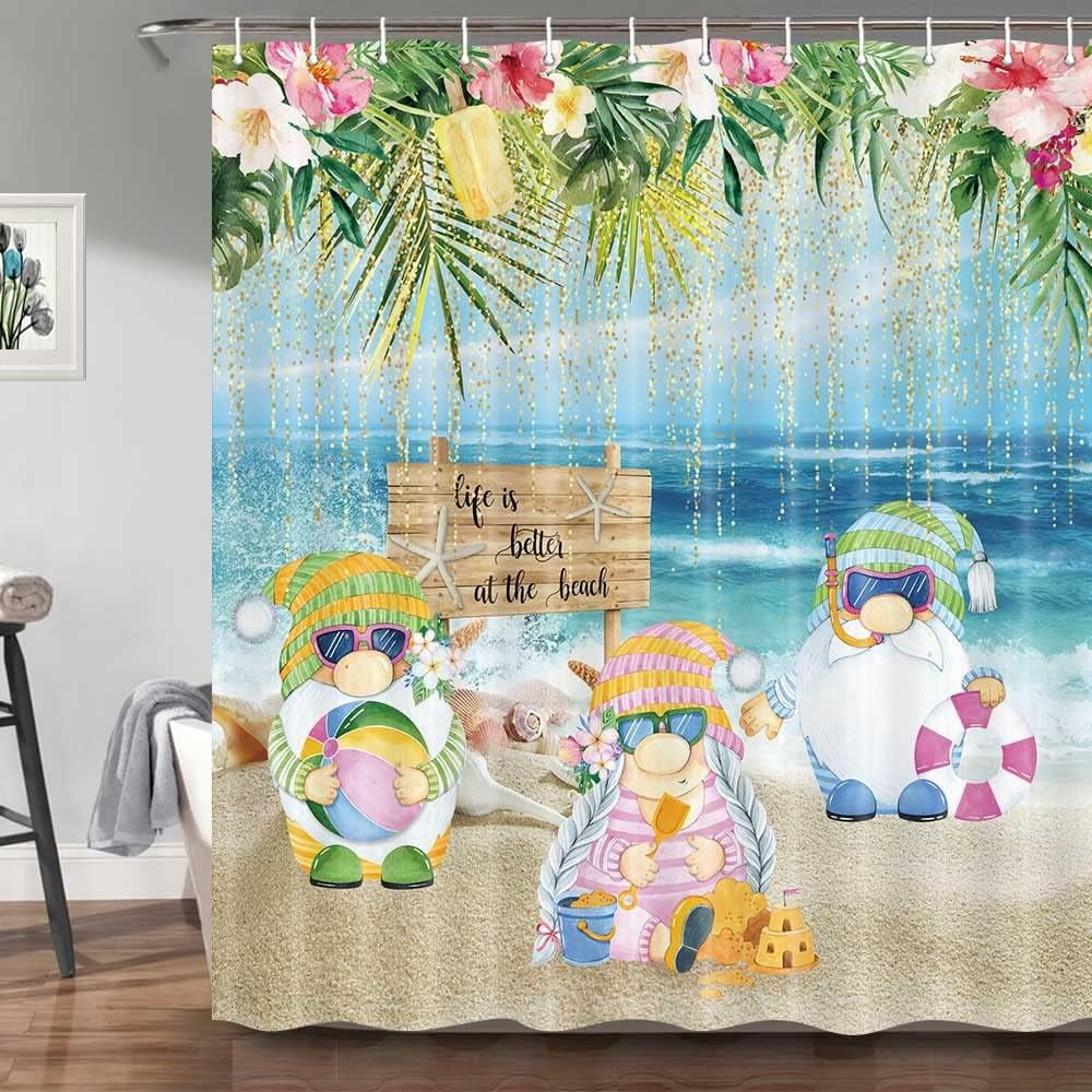 Cute Summer Gnomes Shower Curtain, Funny Beach Ocean Wooded Print Seaside Holiday Home Bathroom Curtain, Tropical Green Leaves and Flowers Decor Shower Curtains with Hooks 72x72Inch