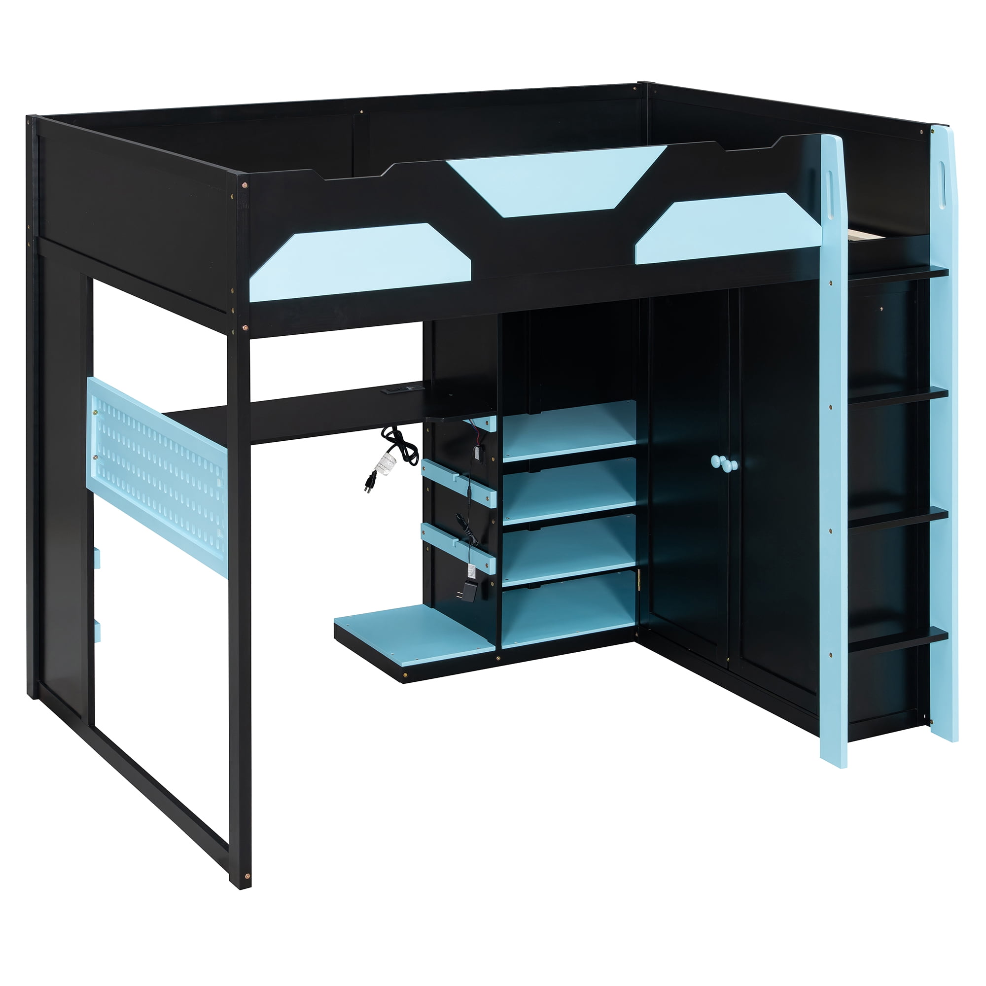 Mintazer Full Gaming Loft Bed with Adjustable Desk & Wardrobe, Modern Loft Bed with RGB Lights & Storage Pegboard, Black & Blue