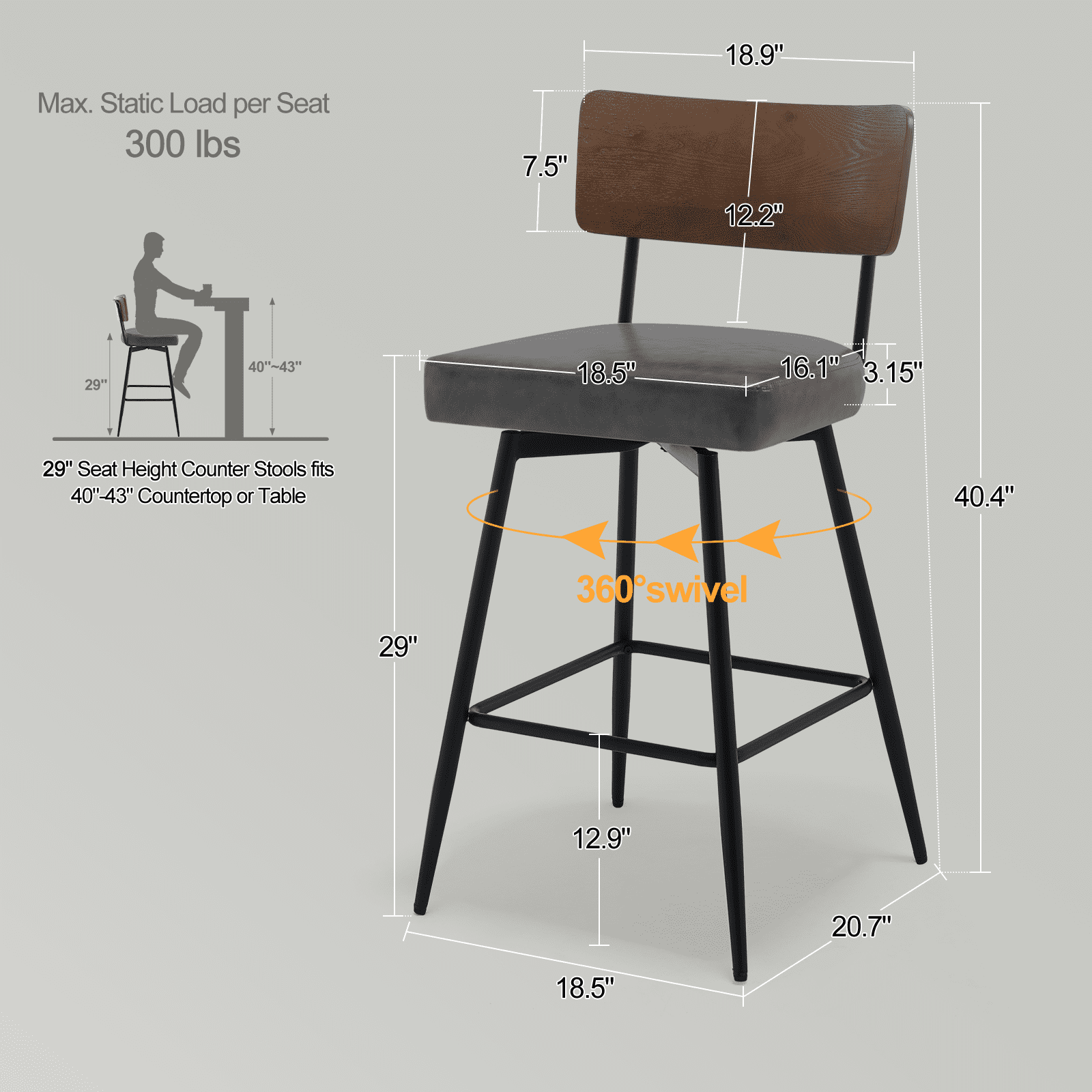 ANMINY Swivel Bar Stools Set of 4, 29" Seat Height, Upholstered Faux Leather Counter Barstools with Wood Backs and Metal Legs, Counter Height Bar Stool for Kitchen Island