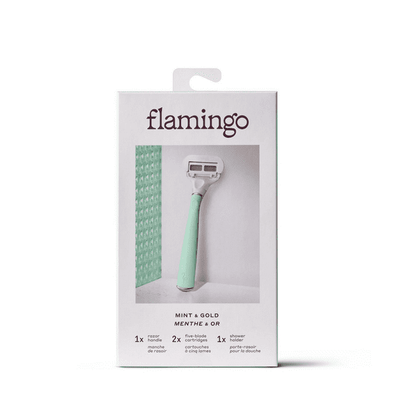 Flamingo Women's 5-Blade Razor Kit Includes 1 Razor, 2 Cartridges and Shower Holder, Mint and Gold