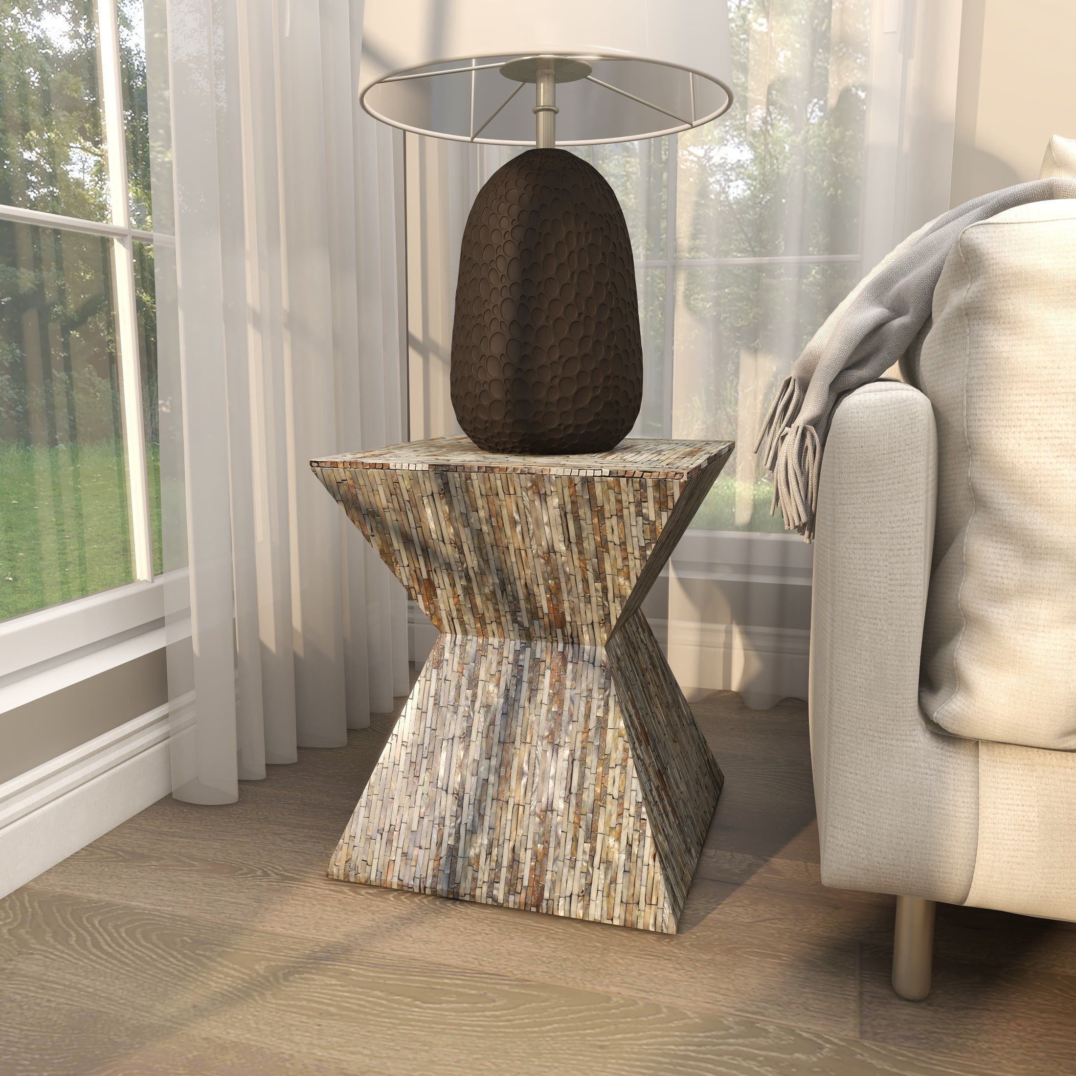 DecMode Contemporary Mothter of Pearl Hourglass Mosaic Patterned Accent Table, 16"W x 19"H with Multicolor Finish