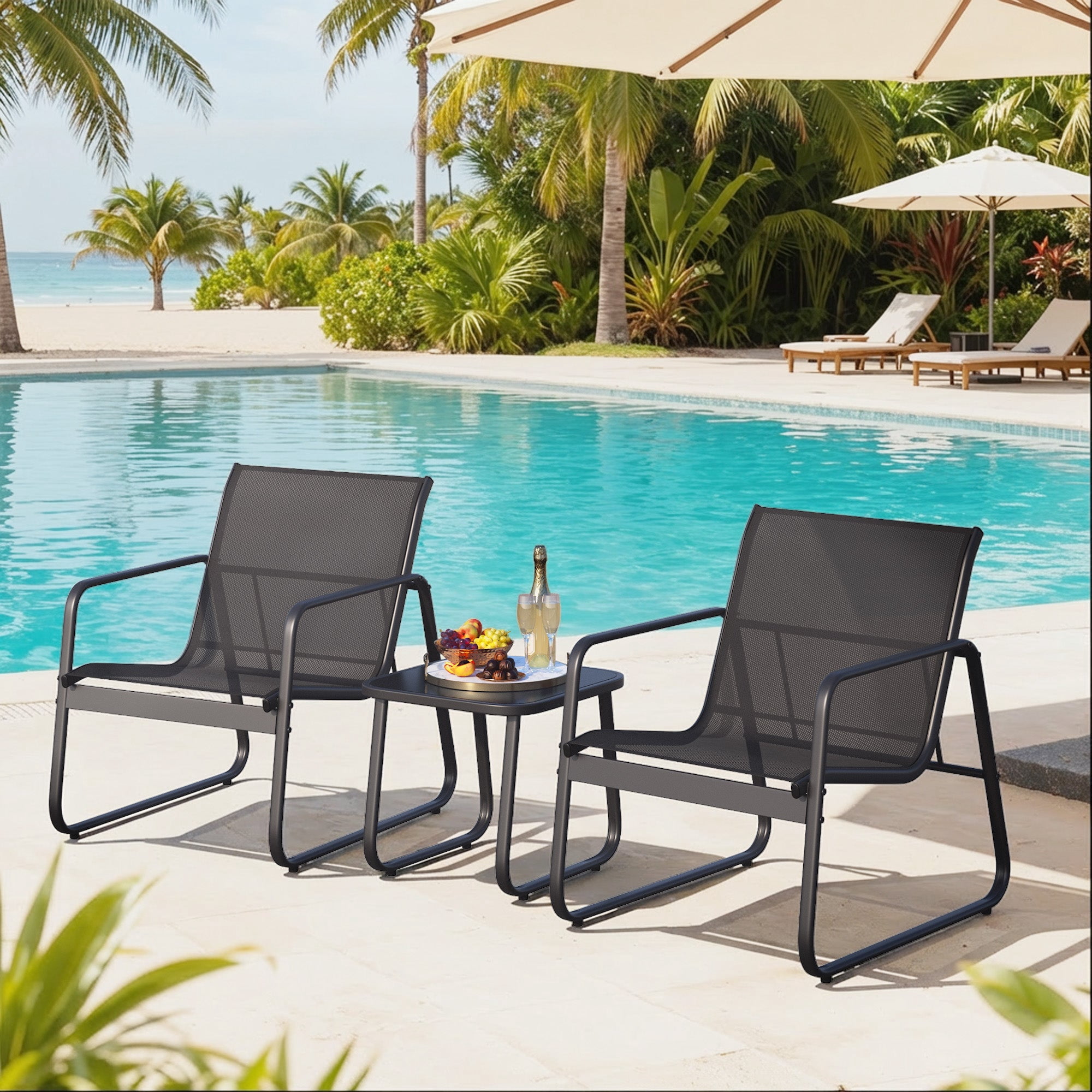 Patio Furniture Set, Aiho Outdoor Bistro Set with Glass Top Table, Textilene Patio Chairs Set for Poolside, Lawn, Black