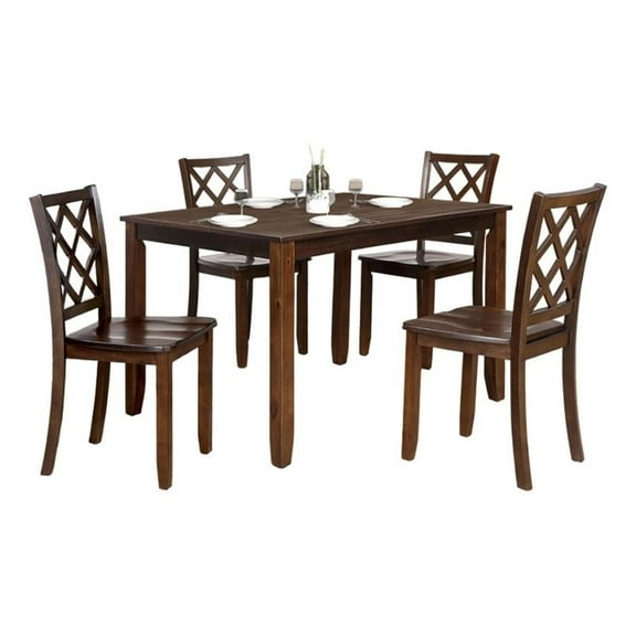 Ziko 5 Piece Dining Table Set, 4 Cross Back Chairs, Cherry Brown Solid Wood