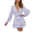 thumbnail image 1 of Vestido de manga larga para mujer Escote en V profundo Color liso Vestido de primavera y verano Cintura alta S-3XL Mini vestido de talla grande SAYOO moda, 1 of 6