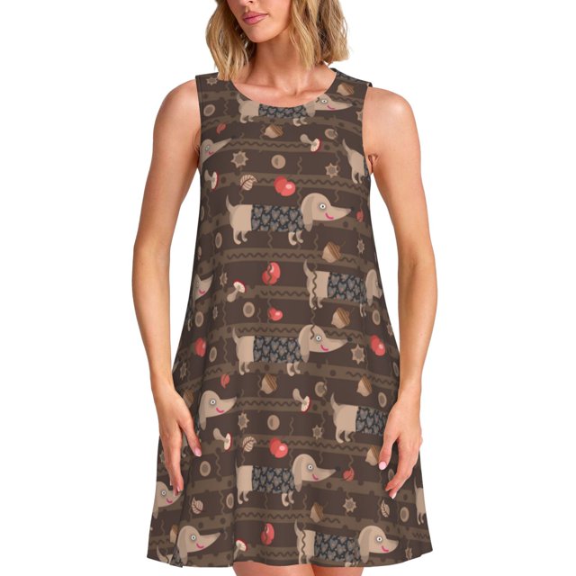 Lukts Teckel Chiot pour Femmes Robe Sans Manches, Robe d'Été à Col Rond avec Poches, Adaptée à la Vie Quotidienne, Plage, Fête