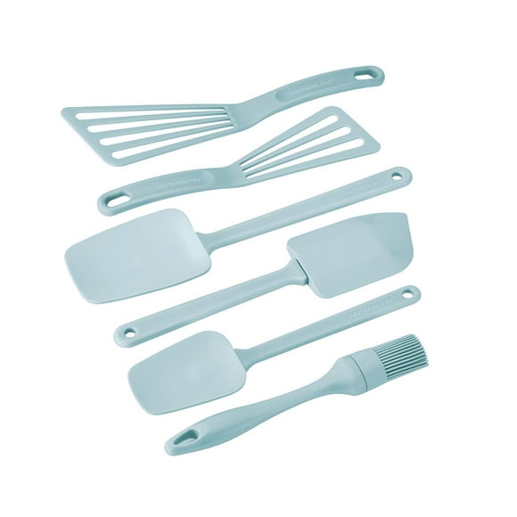 Rachael Ray Ensemble d'Outils en Nylon Six Pièces, Sûr pour Toutes les Surfaces de Batterie de Cuisine avec Poignées Légères et Durables pour une Utilisation Facile, Bleu (Nouvelle Boîte Ouverte)