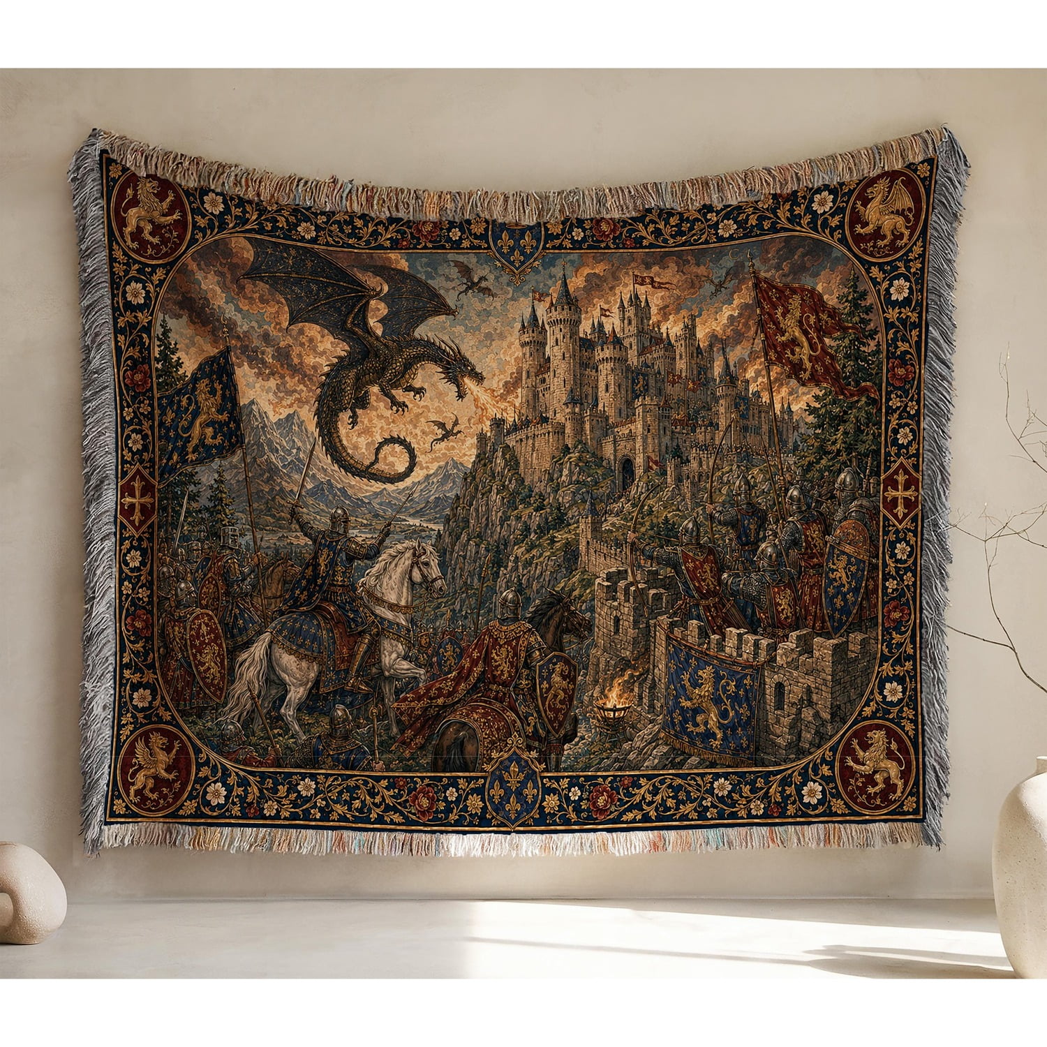 Dragon and Knight Castle Battle Woven Throw Blanket Cotton with Fringed Edges for Gothic Home Decor