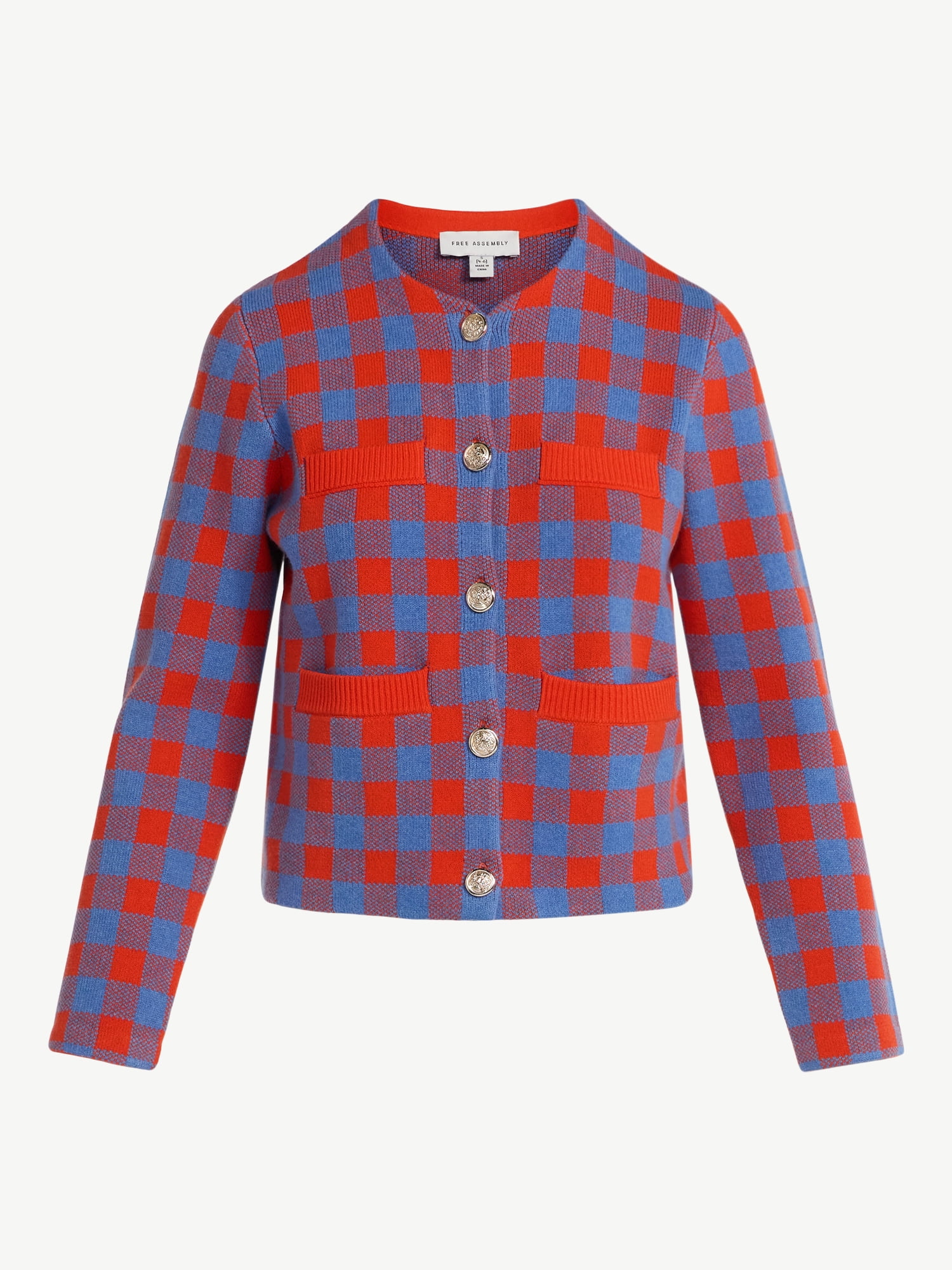 Free Assembly Women's Plaid Cardigan Sweater with Double Welt Pockets, Midweight, Sizes XS-XXL