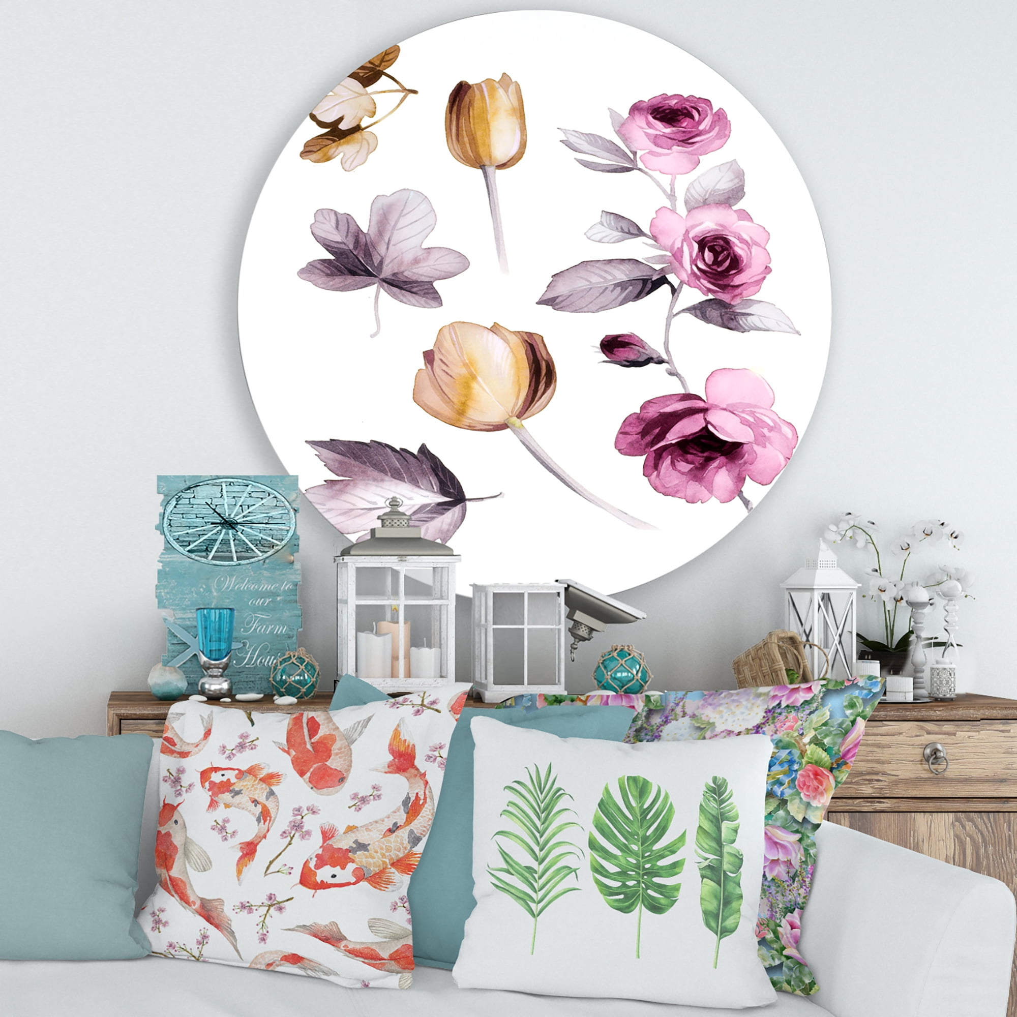 Designart 'Orange and Pink Wildflowers' Traditional Circle Metal Wall Art 29x29 - Disc of 29