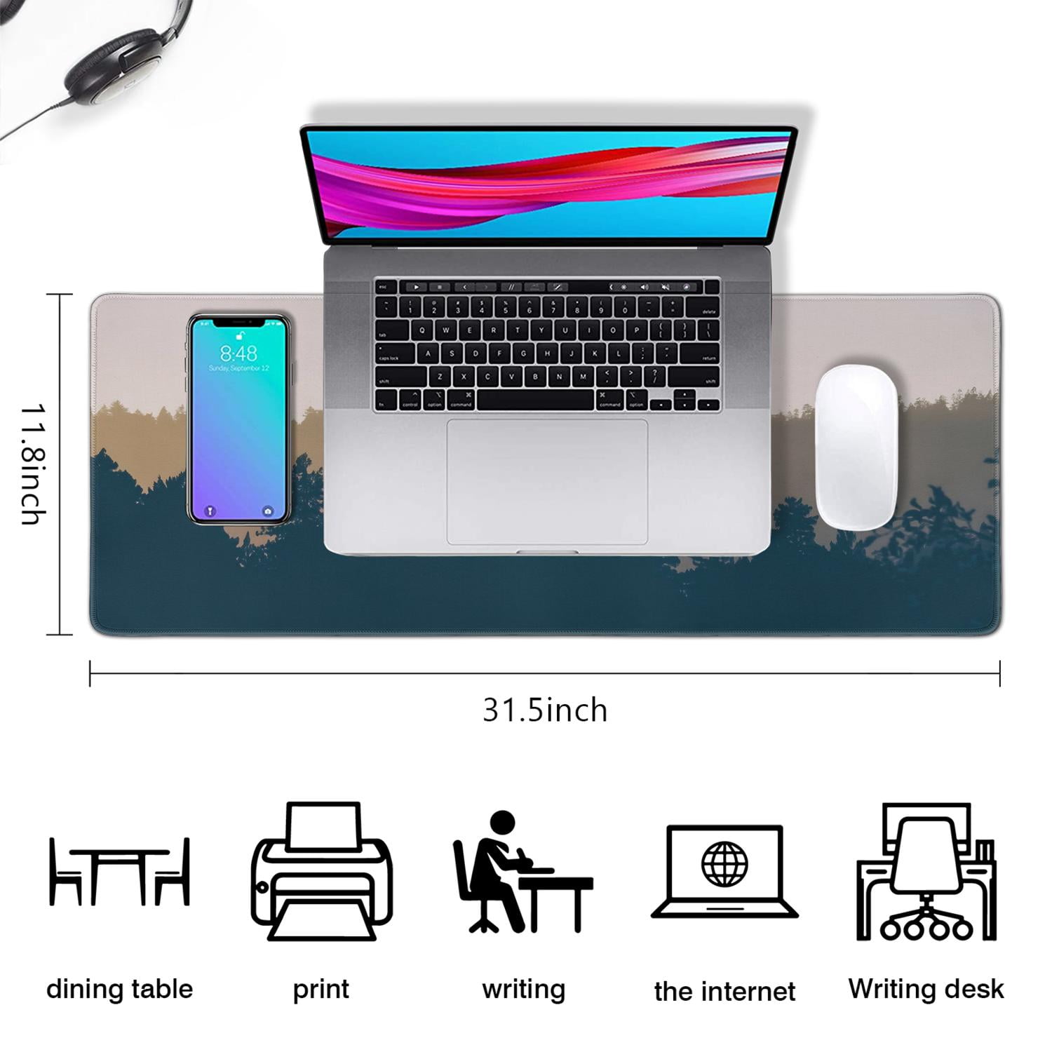 Elevate Your Work or Play - Large Forest Pattern Mouse Pad, Extended, Thin, Non-Slip Rubber Base, Stitched Edges - Perfect for Gamers & Professionals (31.5 x 11.8inches)