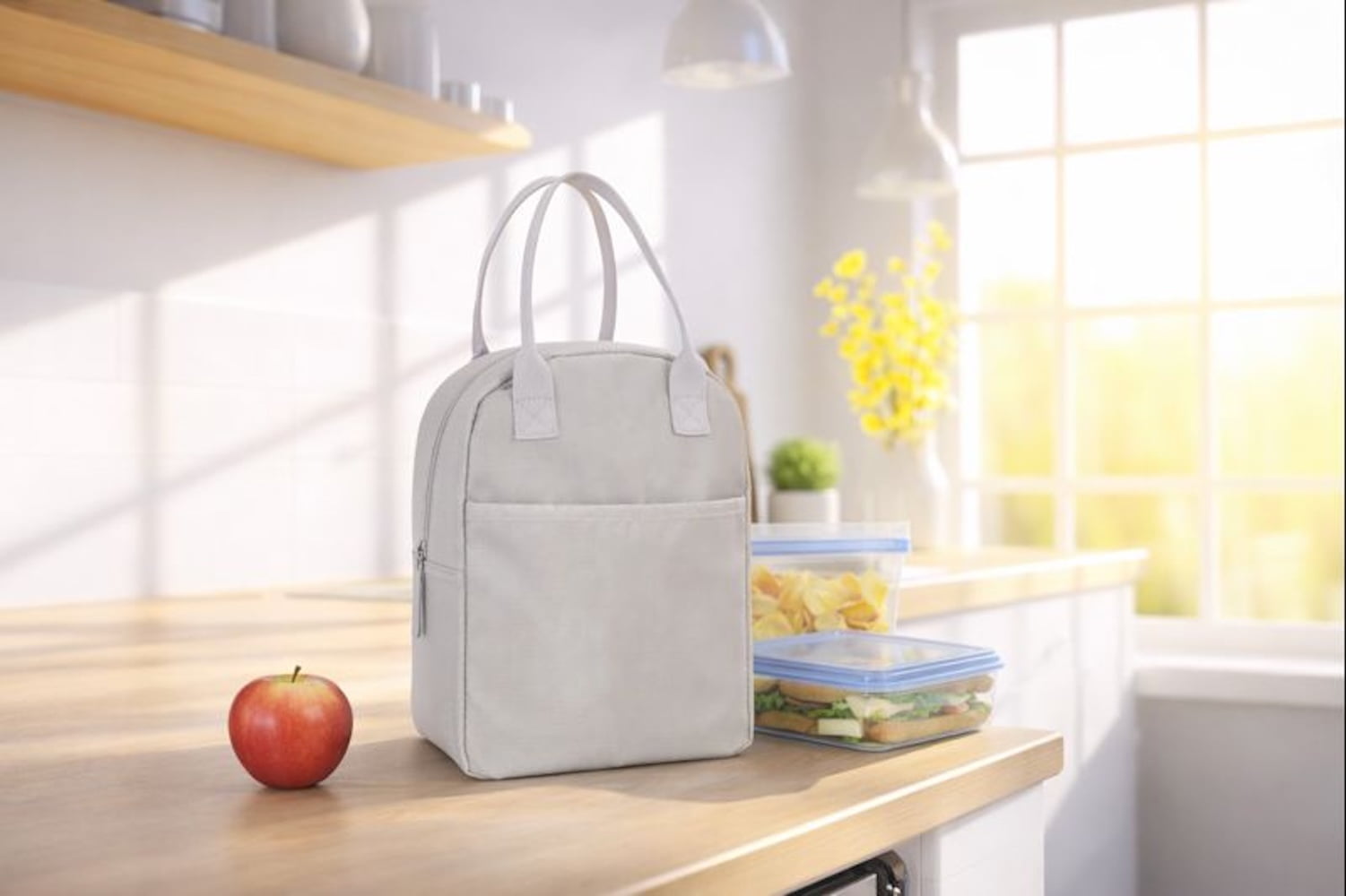 Mainstays Washed Stone Reusable Rounded Top Polyester Lunch Bag with Zippered Main Compartment and Front Pocket, Ideal Use for School, Workday Meals and Travel