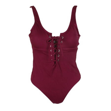 California Smoked Wine - California Waves Juniors Wine Ribbed Lace-Up Cheeky One-Piece Swimsuit XS