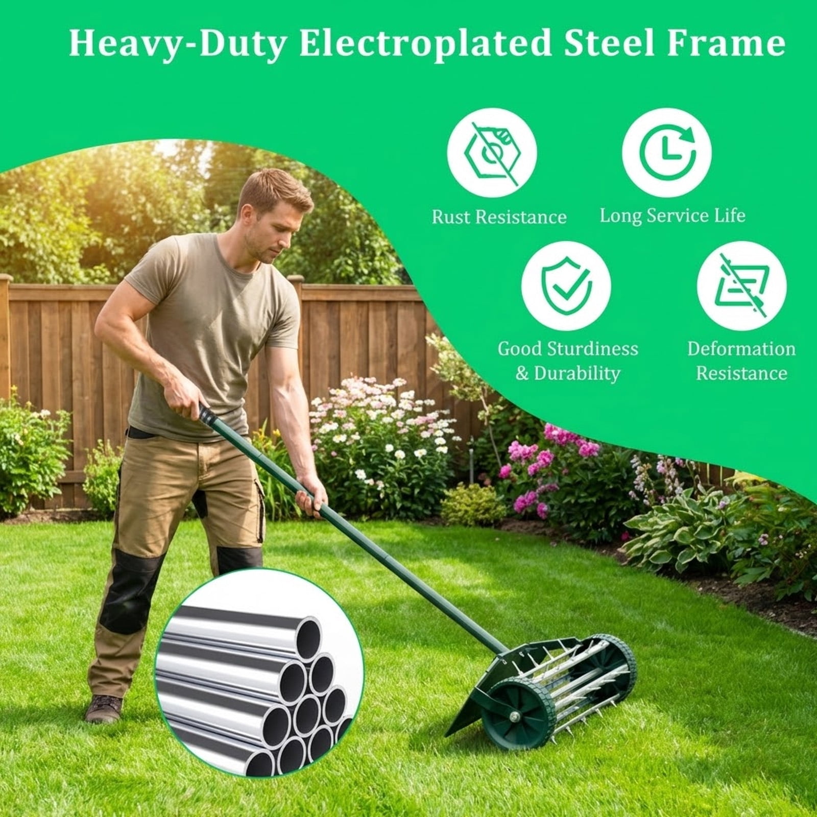 Biotree 18 Inch Rolling Lawn Aerator with Splash-Proof Fender for Garden Dark green, silver - Outdoor Lawn Yard Garden Care Tool