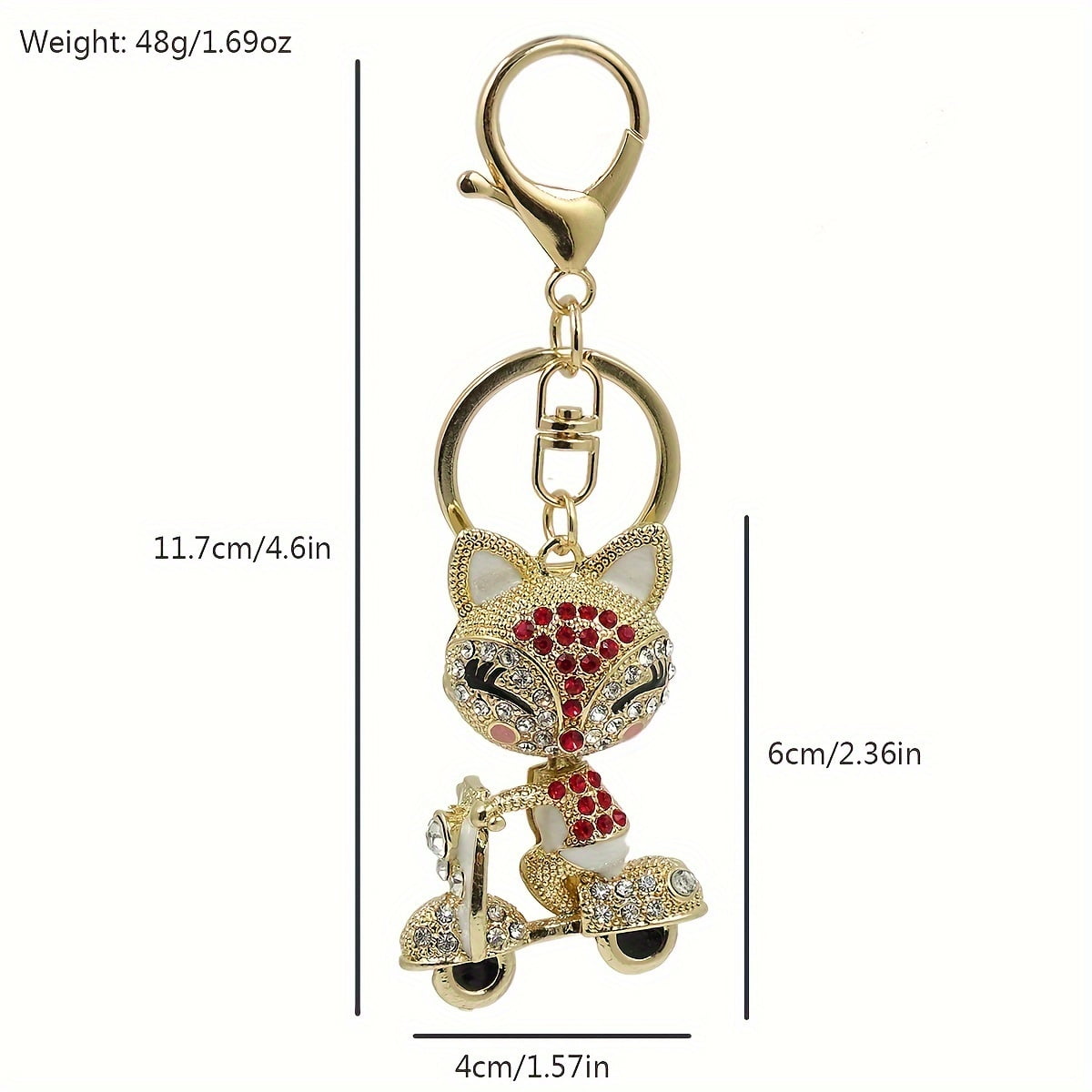 1 piece cute fox scooter keychain shiny rhinestone animal alloy key chain ring bag backpack hanging decoration car key pendant ladies girl gift