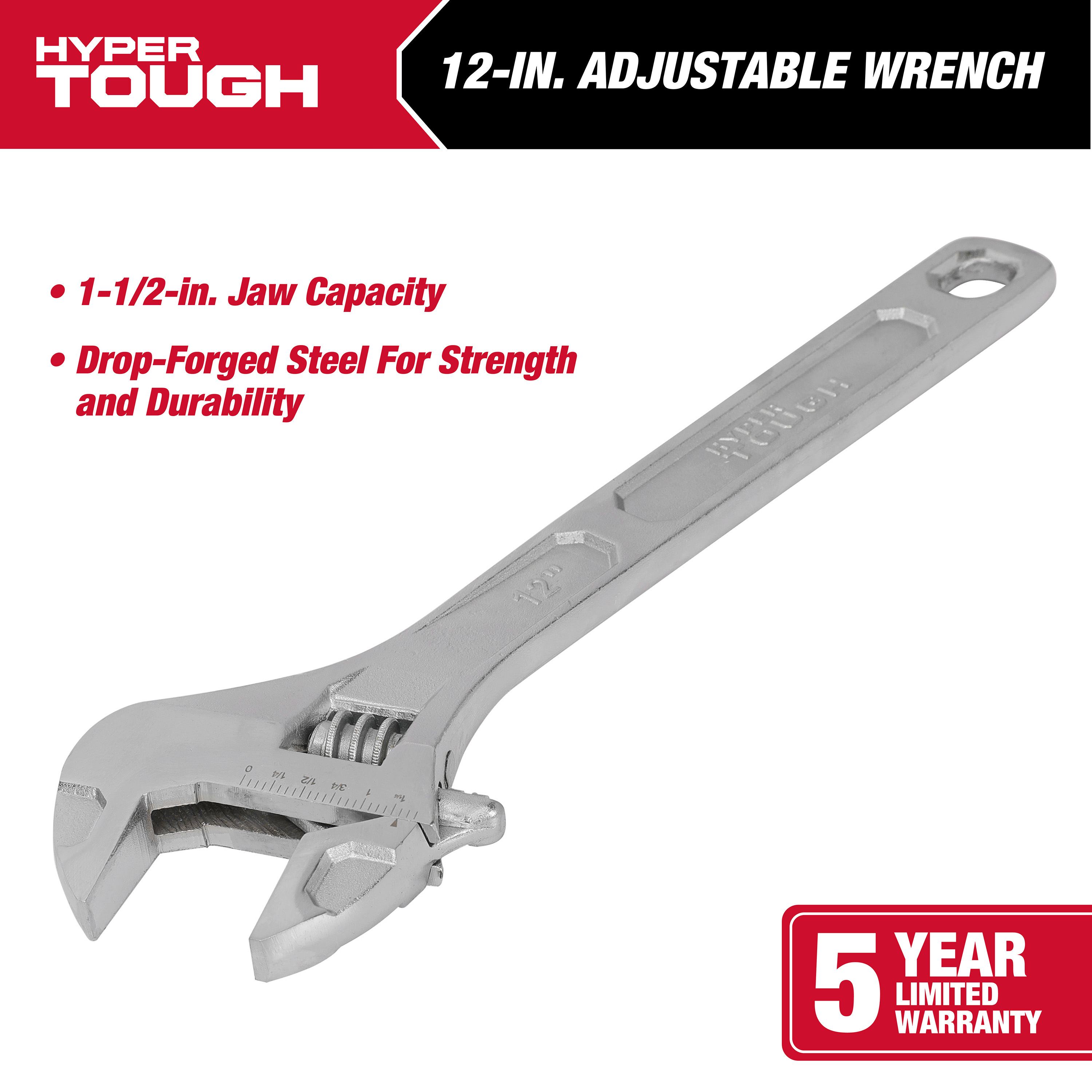 Llave ajustable Hyper Tough de 12 pulgadas, capacidad de mandíbula de 1-3/4 pulgadas 2
