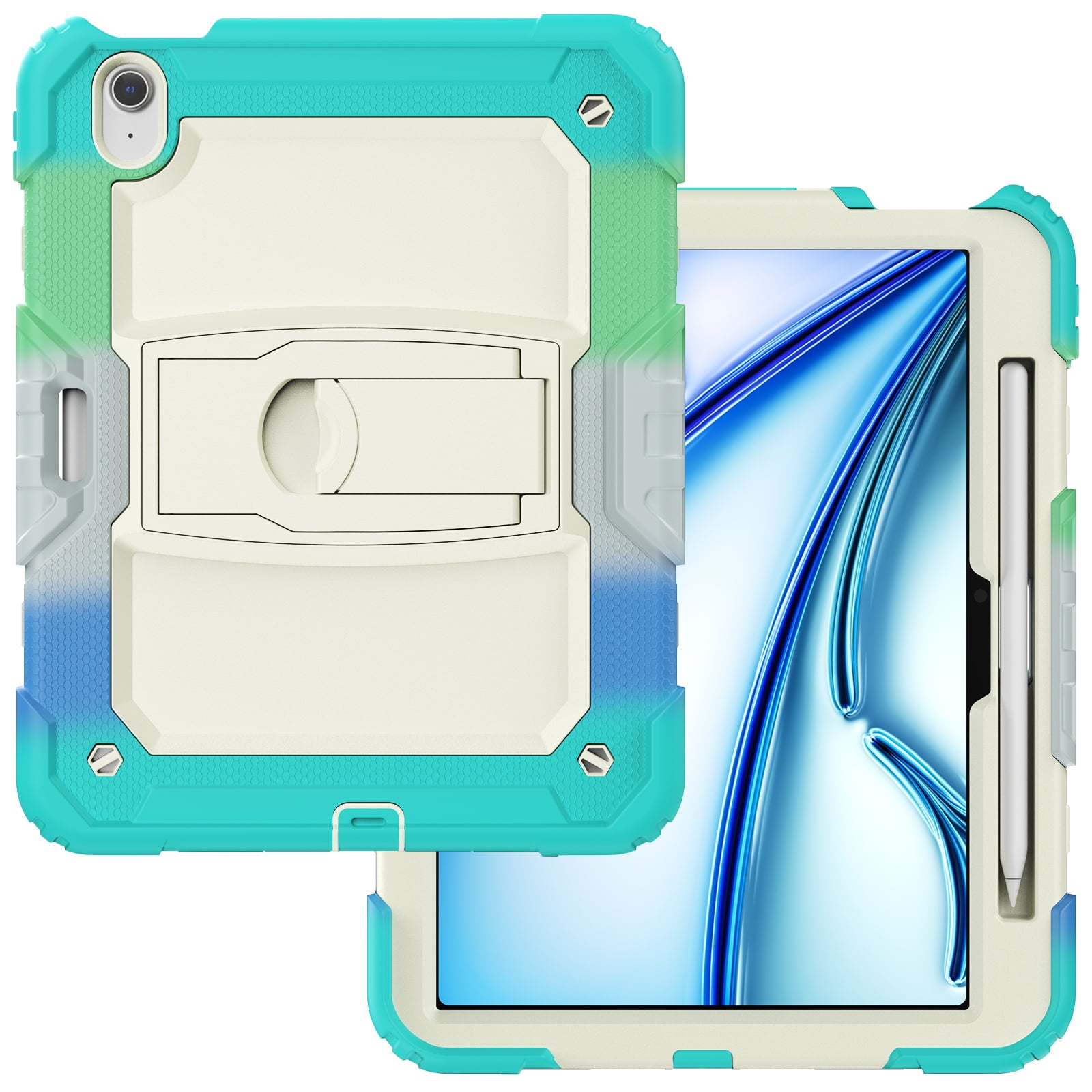 Rugged Case For Apple iPad Air 11 (2024) – 3-Layer Protection Shockproof Stand Cover with Screen Protector, Adjustable Stand, Shoulder Strap, & Pencil Holder -- Colorful Blue