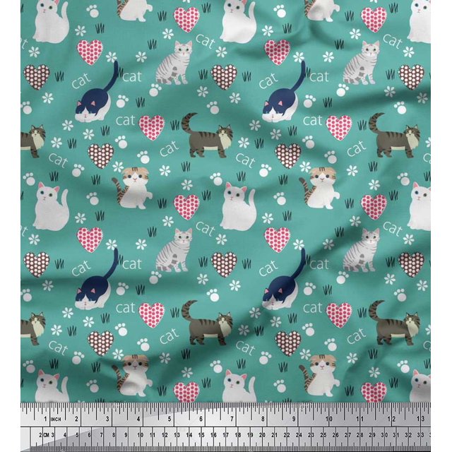 Soimoi Silk Fabric Heart,Footprint & Cat Animal Printed Fabric 1 Yard 42 Inch Wide