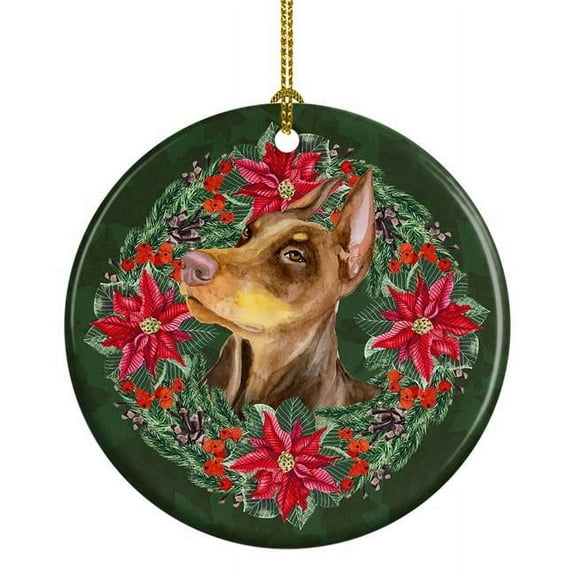 Doberman Pinscher Poinsetta Wreath Ceramic Ornament 2.8 in x 2.8 in
