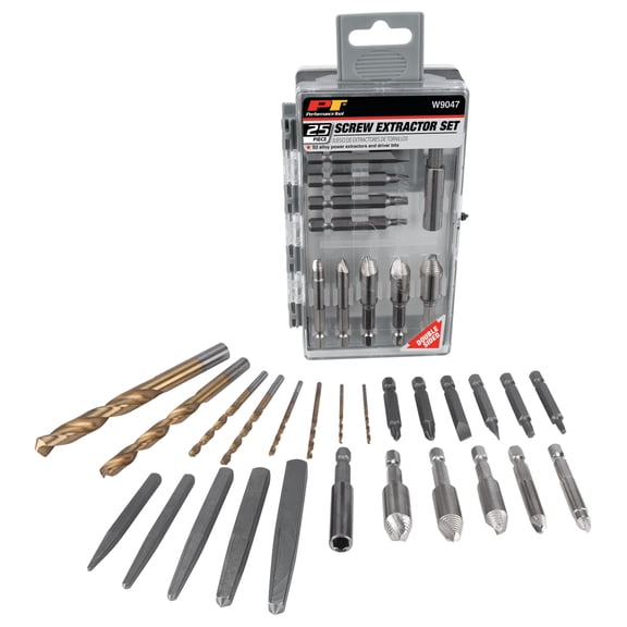 Performance Tool W9047 25pc Screw Extractor Kit with Power and Straight Flute Extractors, Drill Bits, and Driver Bits in a 2-Sided Flip Case
