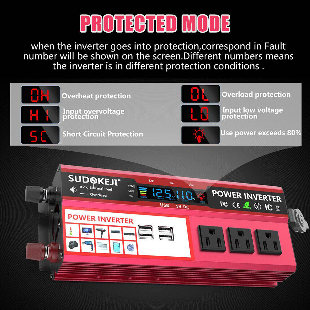 Car Power Inverter 4000W DC 12V To AC 110V 120V Converter 4USB Off Grid Boat LCD