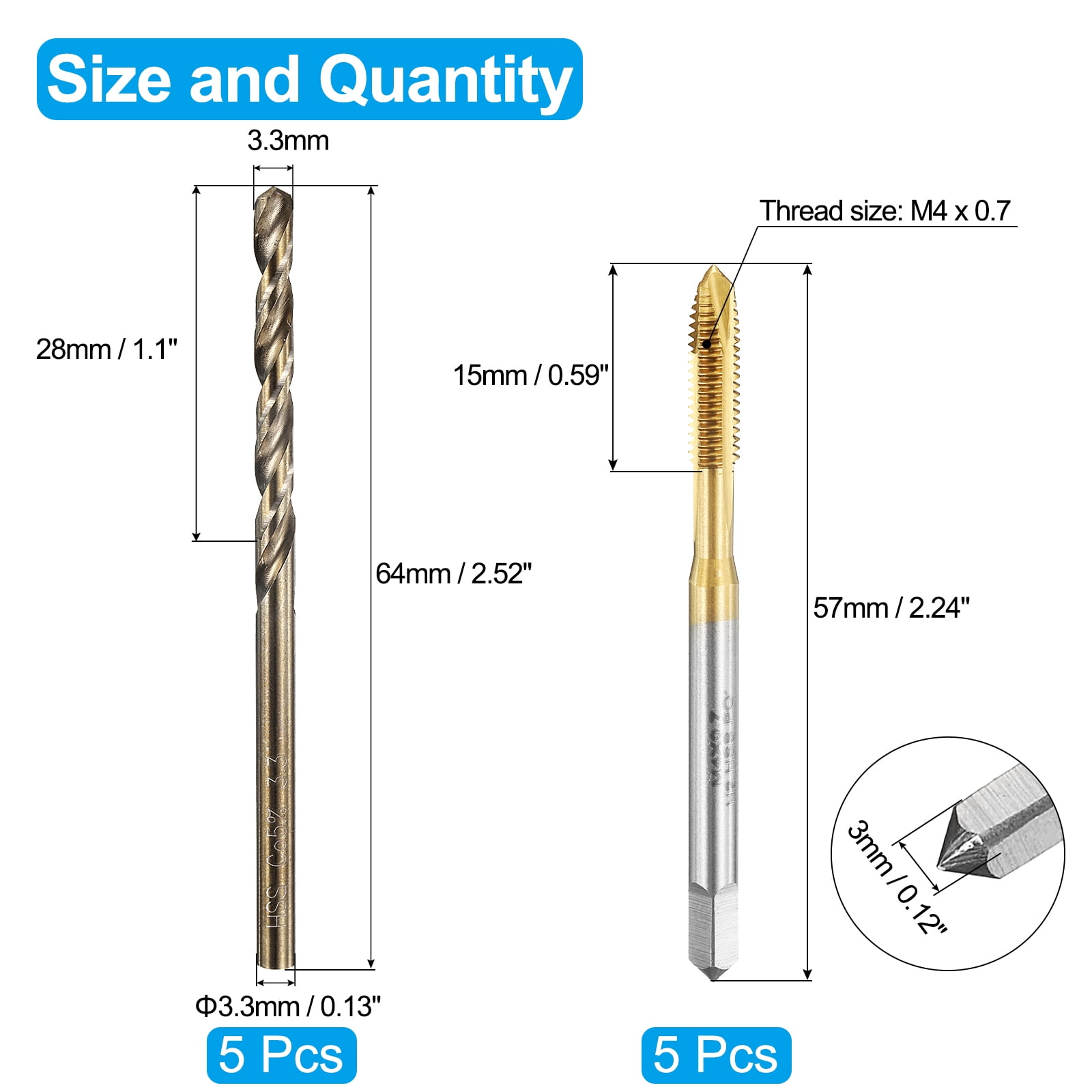 Uxcell Tap and Drill Bit Set, 5pcs M4 x 0.7 Metric Spiral Point Thread Screw Taps & 5pcs 3.3mm Twist Drill Bits, Titanium Coated/Roasted Yellow HSS-6542/M35 HSS-CO Tapping Threading Tool