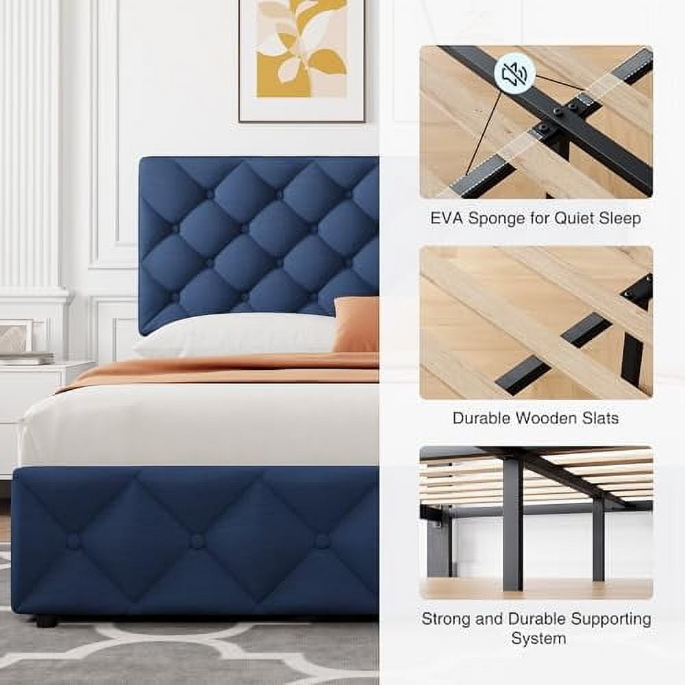 2025 New Queen Size Bed Frame with 4 Storage Drawers, Faux Leather Upholstered Platform Bed Frame with Adjustable Headboard, Diamond Stitched Button Tufted, No Box Spring Needed
