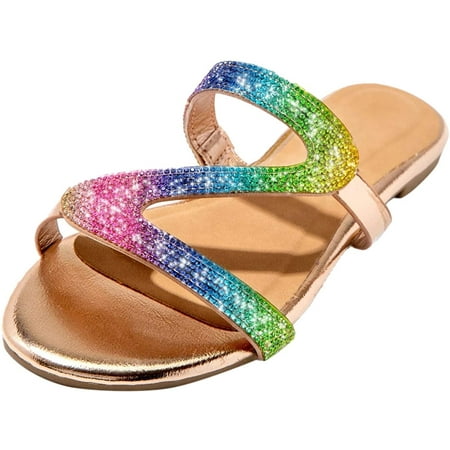 Slippers for Women Women s Casual Solid Crystal Roman Plus-Size Flat Slippers Sandals Shoes Slide Buckle Sandals Women