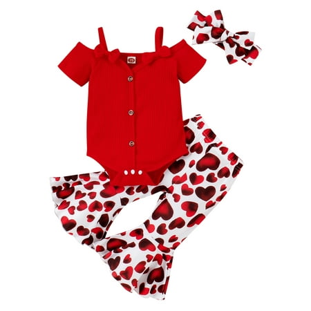 

Canis Romper Heart Print Flare Pants Headband Valentine s Day Baby Clothes
