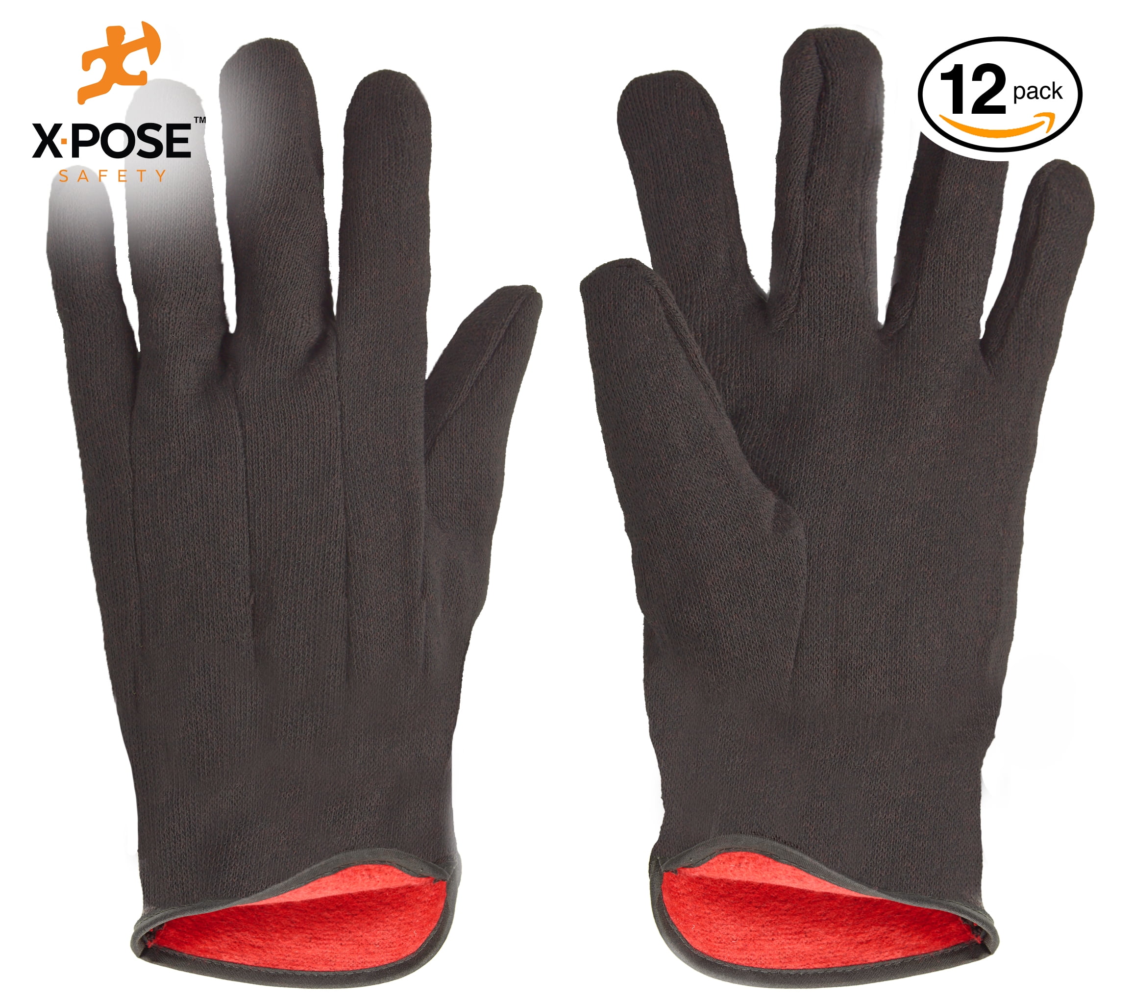 Xpose Safety Brown Jersey Cotton Work Gloves with Red Fleece Lining