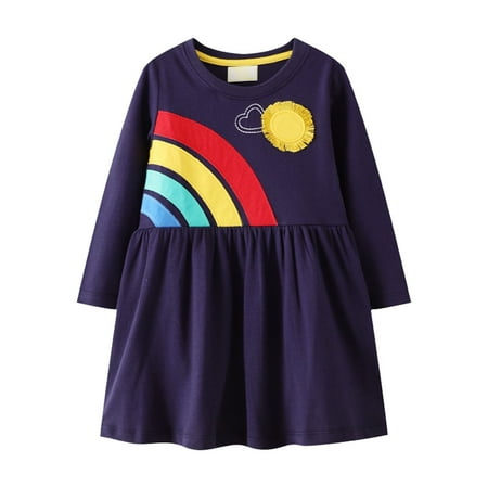 

NIUREDLTD Girls Toddler Long Sleeve Dress Rainbow Sun Appliques A Line Flared Skater Dress Cotton Dress Outfit Size 130