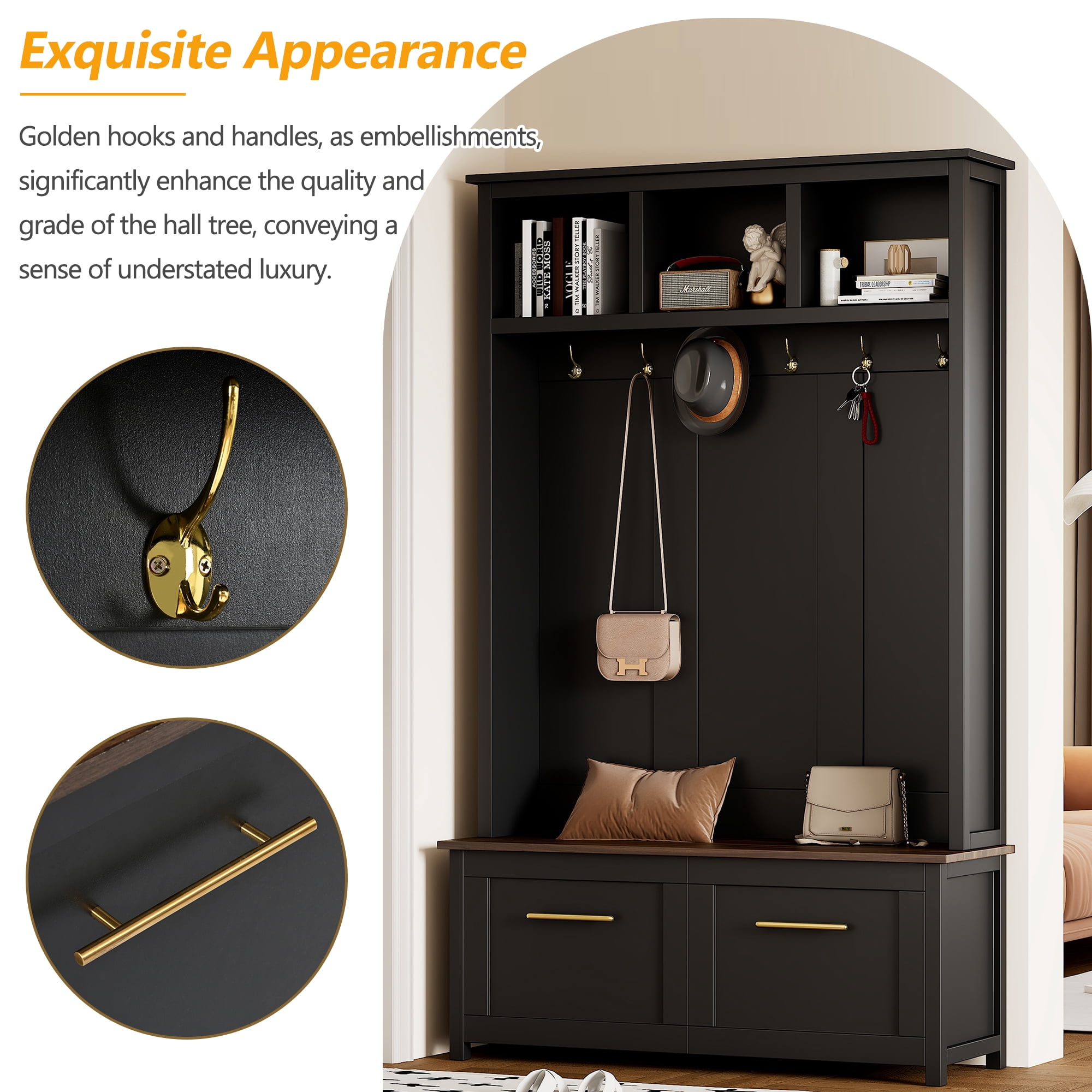 Mintazer 76.6"H Entryway Hall Tree with Bench & 2 Storage Drawers, 4-in-1 Entryway Organizer with Open Hutch Cubbies & 6 Golden Hooks for Mudroom Hallway, Black