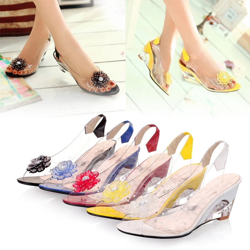 CAROOTU Studded Flower Design Transparent Sandals See-Through Rhinestone Wedge Heel Sandals Lady's Casual
